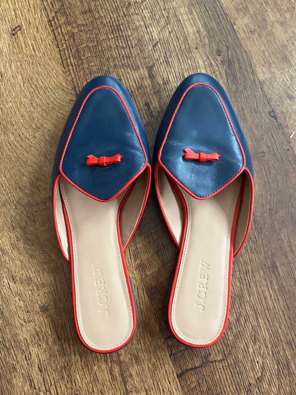 J. Crew Navy Leather Slip-On Mules with Red Trim